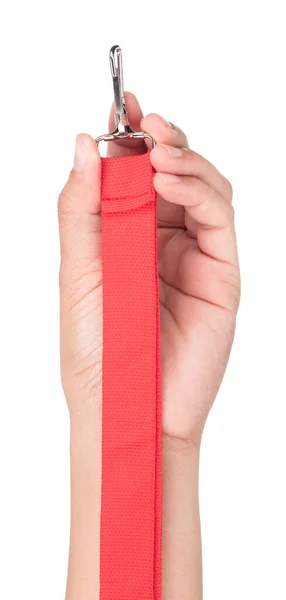 Hand Håller Röd Nylon Halsband För Kortinnehavaren Namn Isolerad Vit — Stockfoto
