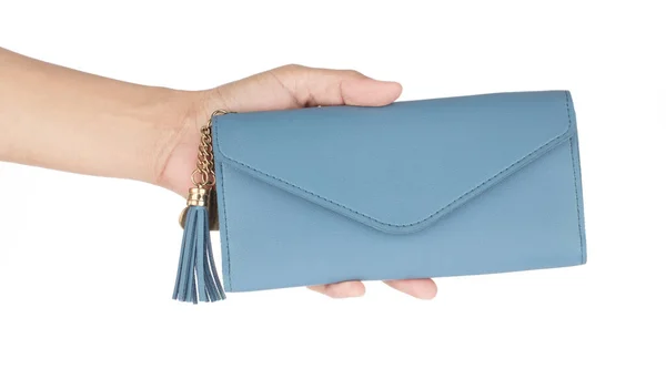 Hand Holding Leather Blue Wallet Purse Isolated White Background — Stock Photo, Image