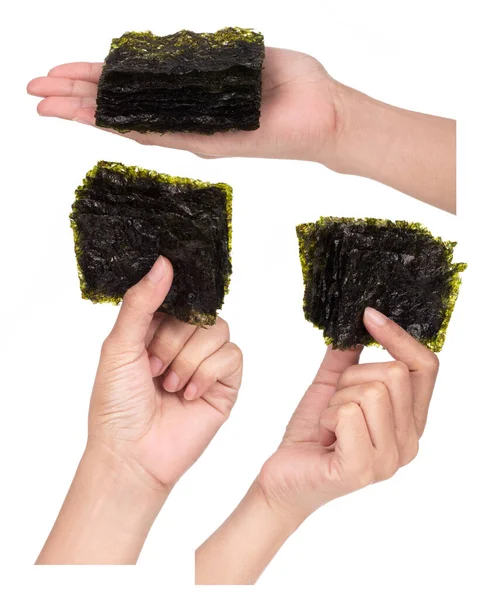 Set Med Handen Håller Crispy Nori Seaweed Isolerad Vit Bakgrund — Stockfoto