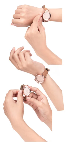 Collection Hand Mit Armbanduhr Mit Diamant Und Braunem Lederarmband Luxus — Stockfoto