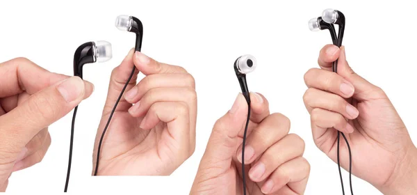 Set Hand Holding Ear Headphone Bluetooth Wireless Isolated White Background — Stock Photo, Image