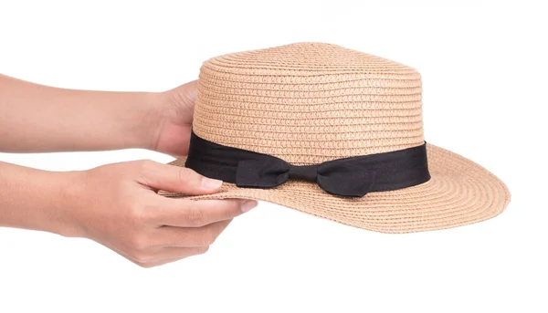 Ele Tutuşan Geniş Kenarlı Şapka Beyaz Arka Planda Izole Edilmiş — Stok fotoğraf