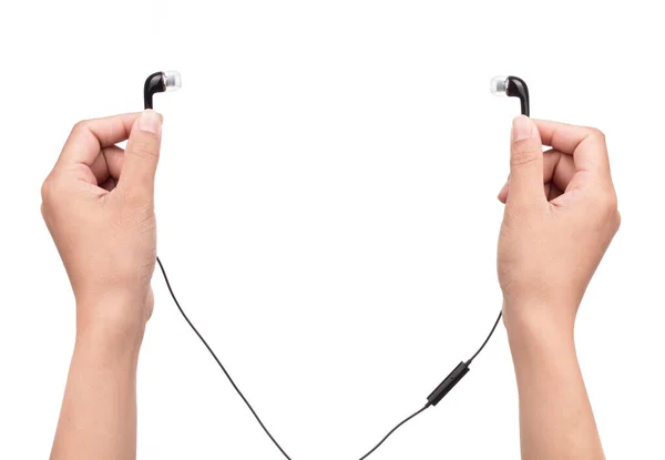 Mão Segurando Fone Ouvido Bluetooth Sem Fio Isolado Fundo Branco — Fotografia de Stock