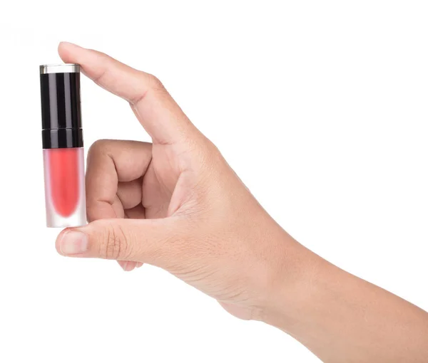 Hand Holding Red Lip Gloss Geïsoleerd Witte Achtergrond — Stockfoto