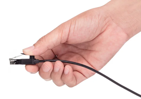 Hand Holding Lan Aansluiting Rj45 Kabel Geïsoleerd Witte Achtergrond — Stockfoto