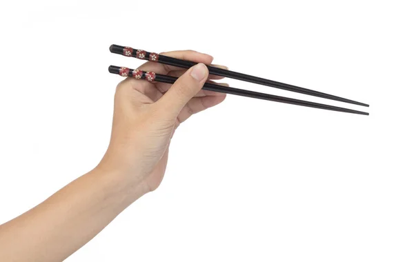 手持木制筷子 白色背景隔离 — 图库照片
