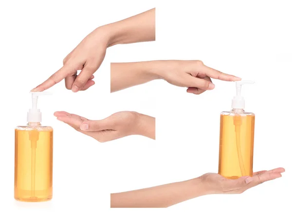 Verzameling Van Hand Holding Plastic Fles Set Met Dispenser Pomp — Stockfoto