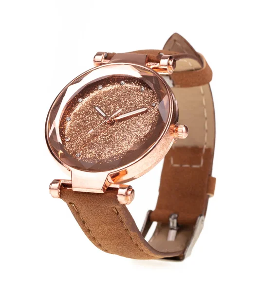 Reloj Pulsera Con Correa Cuero Marrón Diamante Lujo Aislado Sobre —  Fotos de Stock