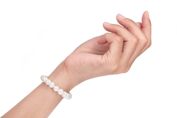 Brazalete Perlas Una Mano Aislada Sobre Fondo Blanco — Foto de Stock