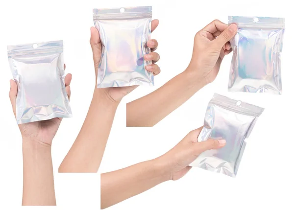 Alüminyum folyo poşet, plastik lazer folyo folyo, plastik torba, beyaz arka planda izole edilmiş..