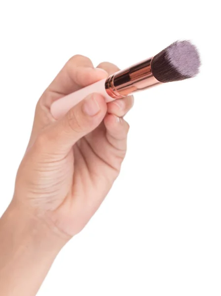 Hand Innehav Makeup Borste Isolerad Vit Bakgrund — Stockfoto