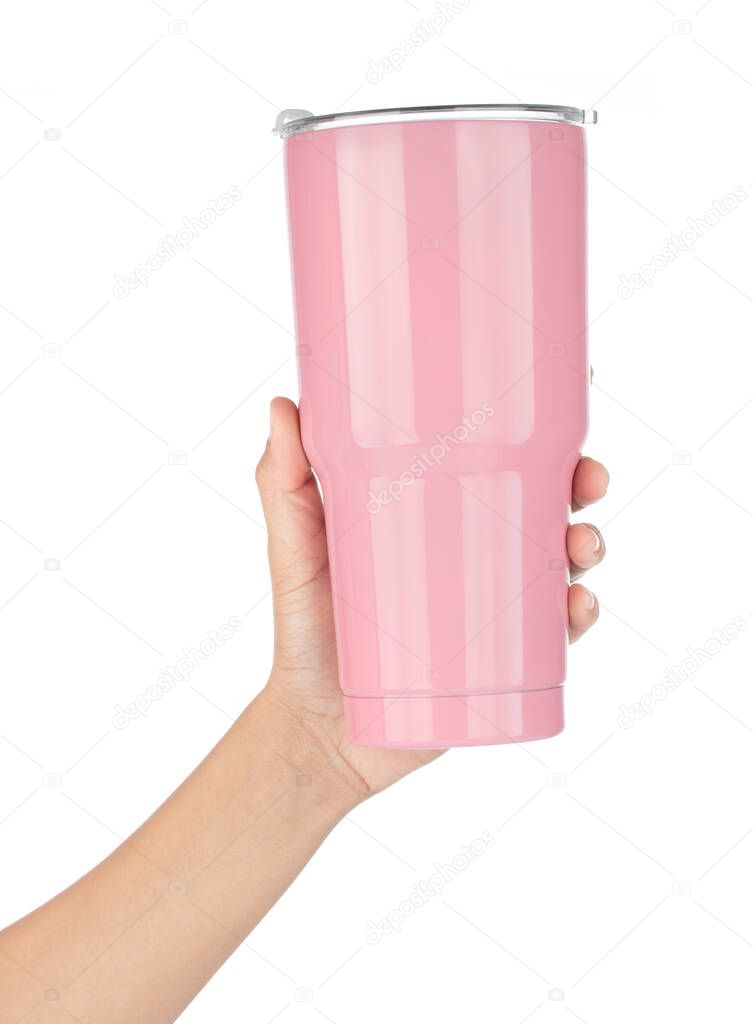 hand holding Pink Cold Cup or Steel mug isolated on white background.