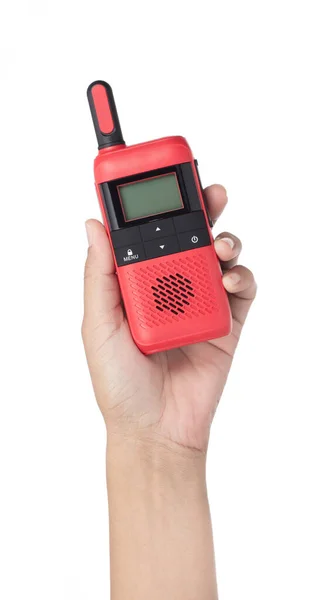 Hand Holding Red Radio Communication Isolated White Background — Stock Photo, Image