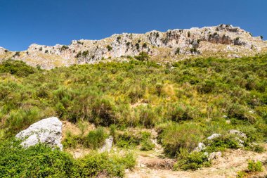 Sicilya 'daki Nebrodi Parkı' ndaki Alcara Li Fusi kasabası yakınlarındaki Rocca del Crasto manzarası.