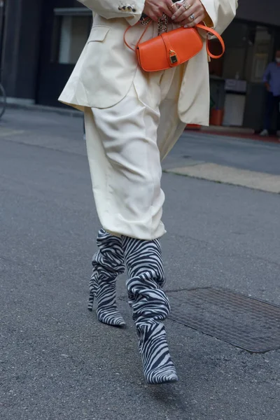 Milaan 2021Enkele Foto Van Recente Modeweek Die Eindigde Schoenen Laarzen — Stockfoto
