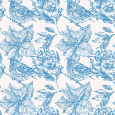 Farklı çiçekler, kuşlar ve bitkiler ile Seamless Modeli