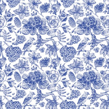 Seamless pattern with different flowers, birds and plants clipart
