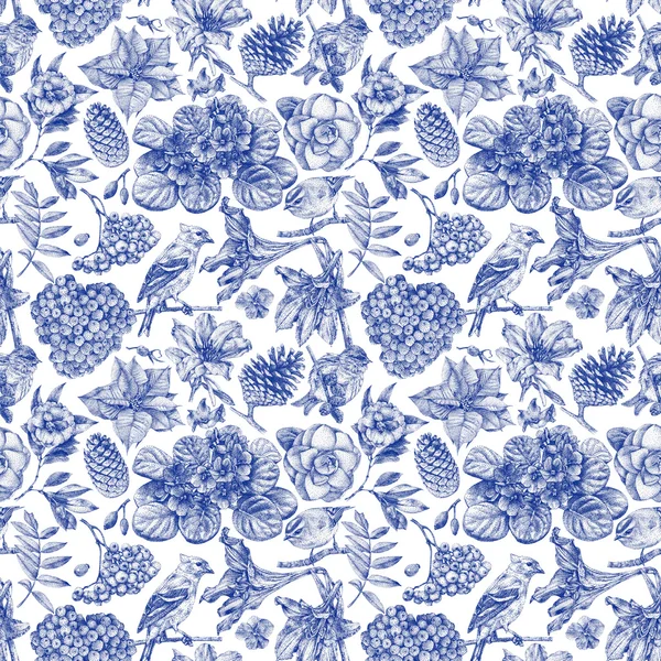 Nahtloses Muster mit verschiedenen Blumen, Vögeln und Pflanzen — Stockfoto