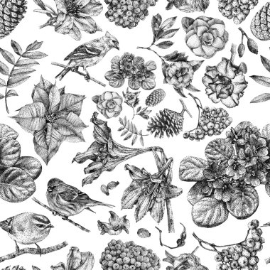 Seamless pattern with different flowers, birds and plants clipart