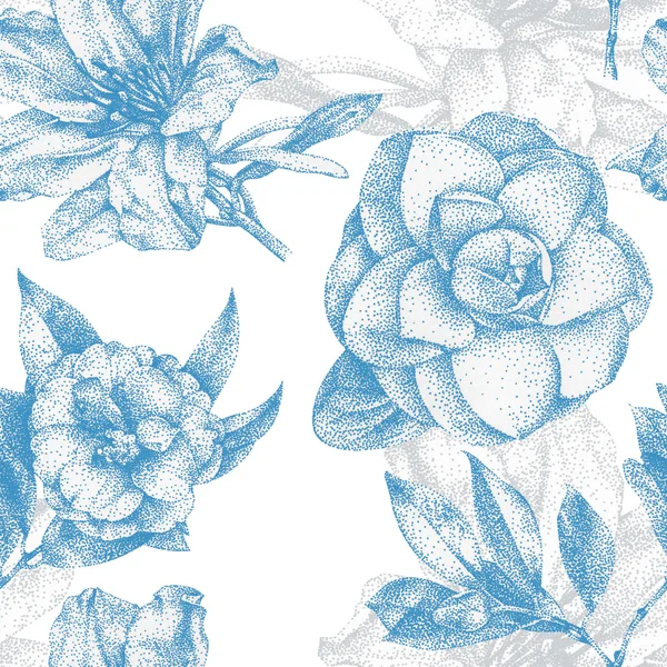 Nahtloses Muster mit verschiedenen Blumen und Pflanzen von Hand gezeichnet — Stockfoto