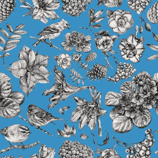 Seamless pattern with different flowers, birds and plants — Stock Photo, Image