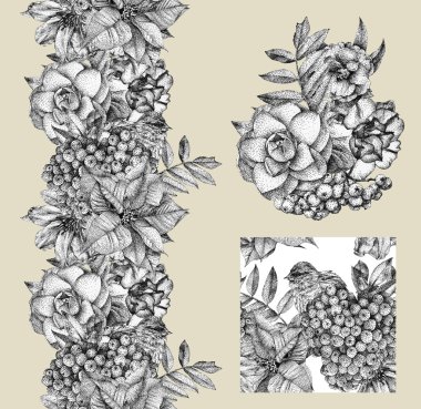 Set of border, pattern, and illustration with different flowers, birds and plants drawn by hand with black ink  clipart