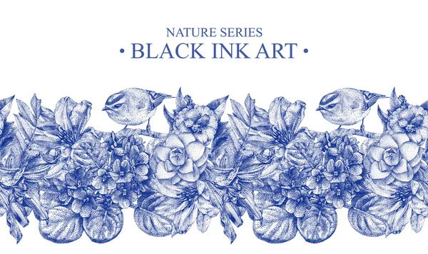 无缝边框与不同的鲜花、 鸟类和植物手工绘制用黑色墨水 — 图库照片