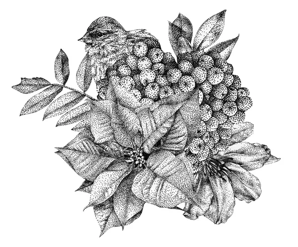 Composição de diferentes flores, aves e plantas desenhadas à mão — Fotografia de Stock