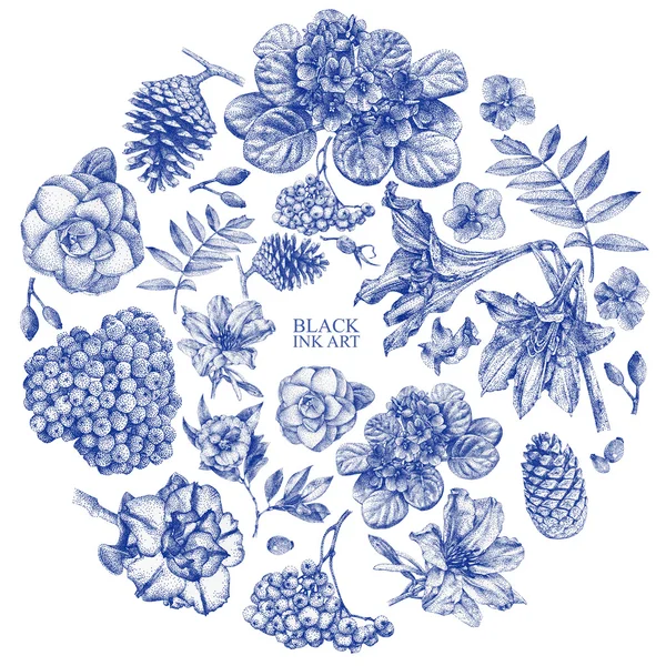Ορίστε διαφορετικές ανοιξιάτικα λουλούδια και φυτά, ζωγραφισμένο με το χέρι, με μαύρο μελάνι — Φωτογραφία Αρχείου
