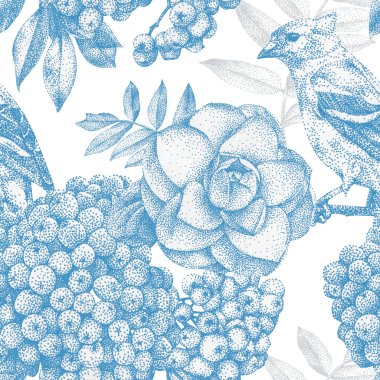 Seamless pattern with different flowers, birds and plants drawn by hand with black ink clipart