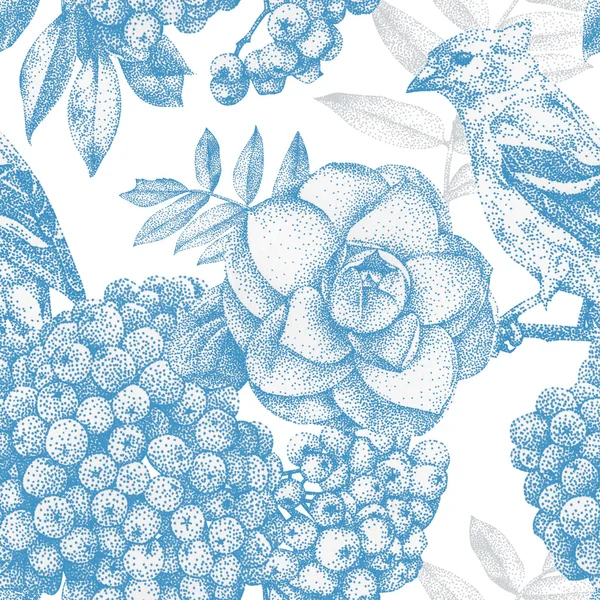 Seamless pattern with different flowers, birds and plants drawn by hand with black ink — Stock Photo, Image