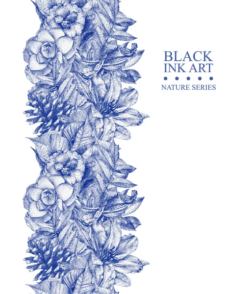 Borda sem costura com diferentes flores e plantas desenhadas à mão com tinta preta — Fotografia de Stock