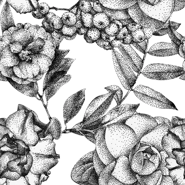 Modèle sans couture avec différentes fleurs et plantes dessinées à la main à l'encre noire — Photo