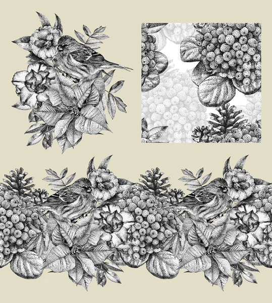 Jeu de bordures, motifs et illustrations avec différentes fleurs, oiseaux et plantes dessinés à la main à l'encre noire — Photo