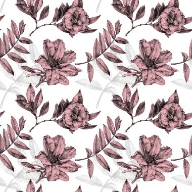 Farklı çiçek ve bitki el ile siyah mürekkeple çizilmiş ile Seamless Modeli