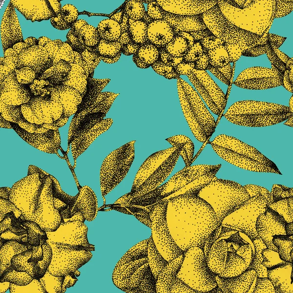 さまざまな花や植物の黒インクで手書きのシームレス パターン — ストック写真