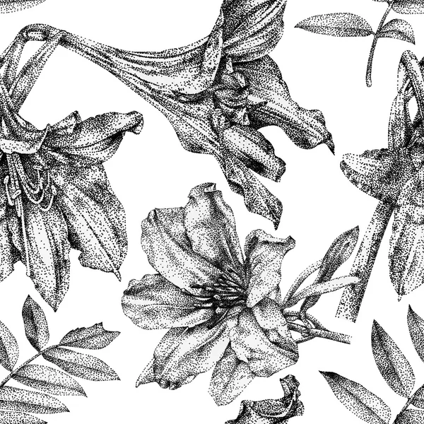 Nahtloses Muster mit verschiedenen Blumen und Pflanzen von Hand mit schwarzer Tinte gezeichnet — Stockfoto