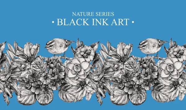 Bordure sans couture avec différentes fleurs, oiseaux et plantes dessinées à la main à l'encre noire — Photo