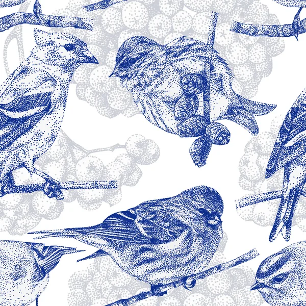 Padrão sem costura com diferentes aves e plantas desenhadas à mão com tinta preta — Fotografia de Stock