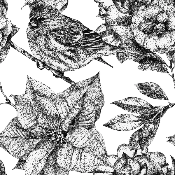 Seamless mönster med olika blommor, fåglar och växter dras för hand med svart bläck — Stockfoto