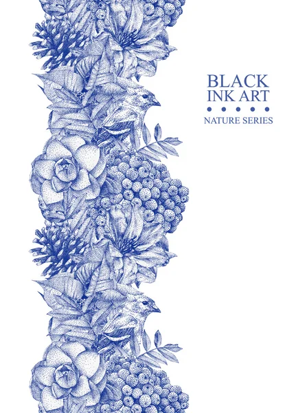 Bordo senza cuciture con diversi fiori, uccelli e piante disegnati a mano con inchiostro nero — Foto Stock