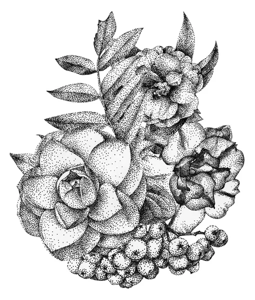 Composição de diferentes flores e plantas desenhadas à mão com tinta preta — Fotografia de Stock