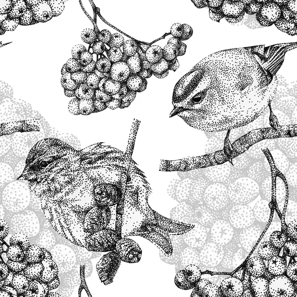 无缝模式与不同的鸟类和植物手工绘制用黑色墨水 — 图库照片