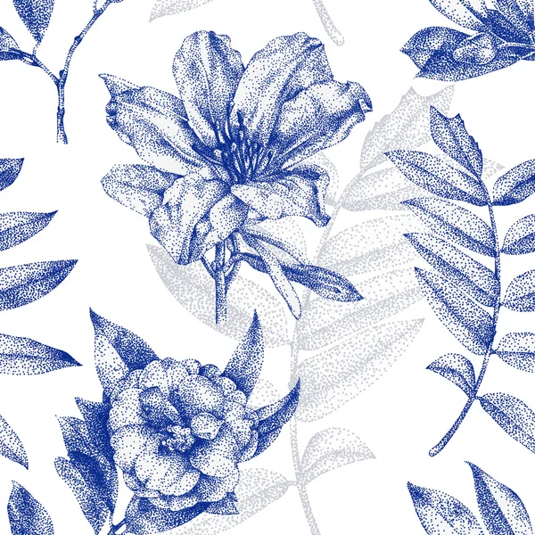 さまざまな花や植物の黒インクで手書きのシームレス パターン — ストック写真