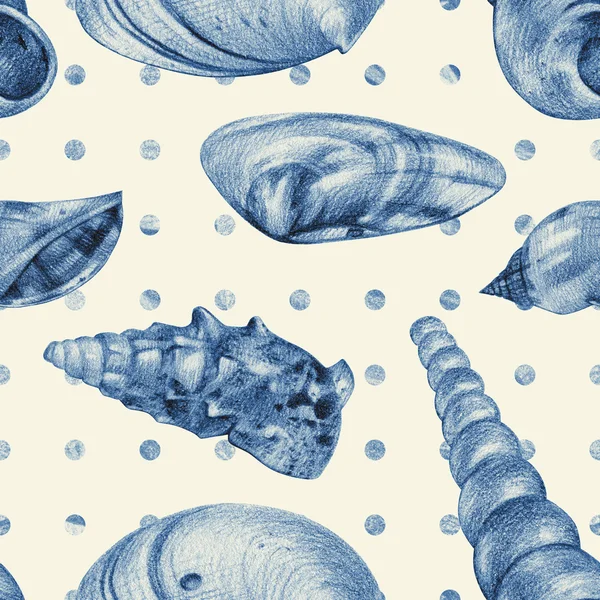 Patrón sin costuras con diferentes conchas marinas dibujadas a mano —  Fotos de Stock