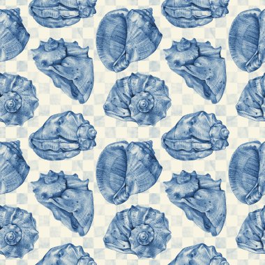 El ile kalemle çizilmiş farklı deniz kabuklarını ile Seamless Modeli