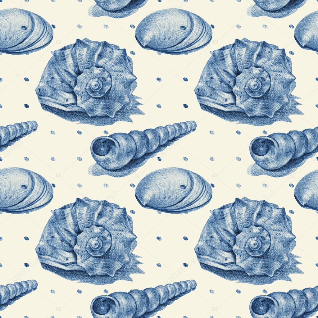 Modello senza cuciture con diverse conchiglie disegnato a mano con Modello senza cuciture con diverse conchiglie disegnato a mano con la matita — Foto Stock