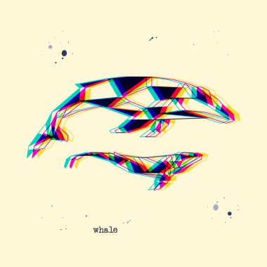 Çokgen stereoskopik balina siluetleri. Düşük polyester hayvan ailesi. Soyut geometrik logo simgesi. Üçgen grafik, origami tarzı, 3 boyutlu stereo efekt. Web tasarımı ve t-shirt için Arıza vektör illüstrasyonu