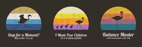 Conjunto Ilustrações Retrô Multicoloridas Com Silhuetas Flamingos Mãe Animal Filhos — Vetor de Stock