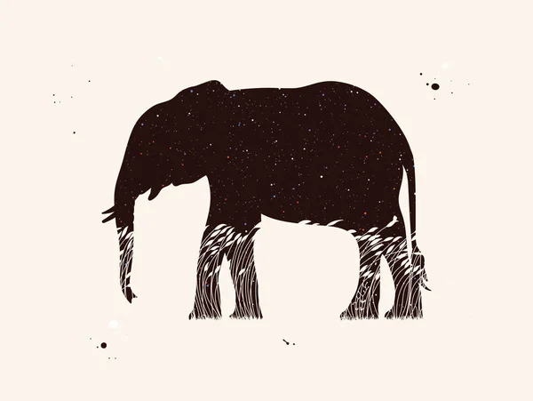 Silhouette Éléphant Forme Animale Abstraite Ciel Étoilé Nocturne — Image vectorielle